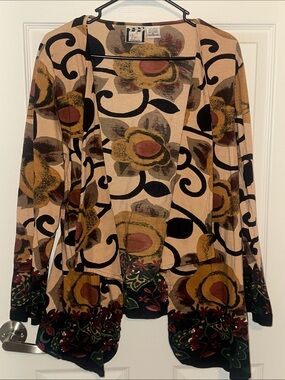 Floral Open-Front Cardigan in Beige with Black Accents